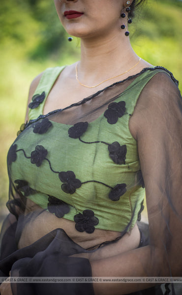 Black Cassia Pure Silk-Organza Hand Embroidered Saree