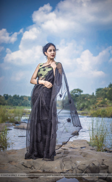 Black Cassia Pure Silk-Organza Hand Embroidered Saree