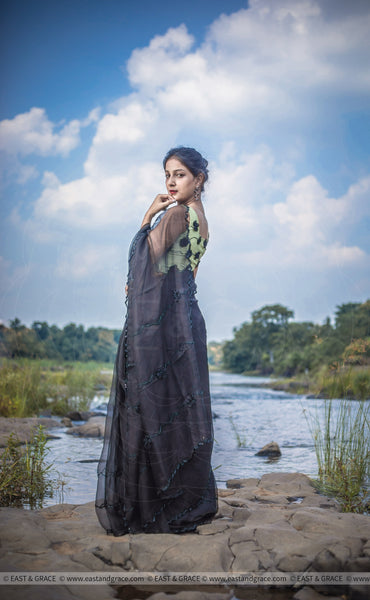 Black Cassia Pure Silk-Organza Hand Embroidered Saree