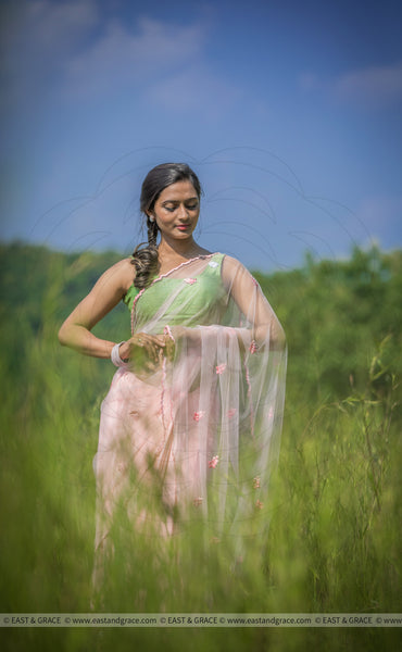 Angela Floss Pink Pure Silk-Crepe & Net Hand-Embroidered Ribbon Work Saree