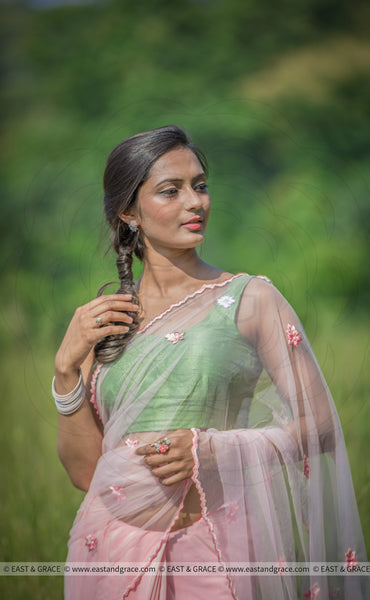 Angela Floss Pink Pure Silk-Crepe & Net Hand-Embroidered Ribbon Work Saree