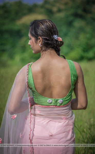 Angela Floss Pink Pure Silk-Crepe & Net Hand-Embroidered Ribbon Work Saree