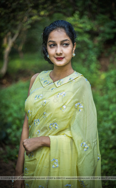 Sungold Pure Flat Silk-Chiffon Hand-Embroidered Saree