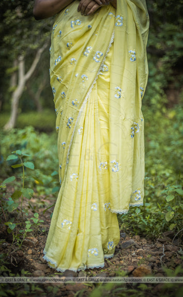 Sungold Pure Flat Silk-Chiffon Hand-Embroidered Saree