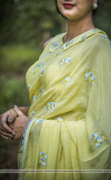 Sungold Pure Flat Silk-Chiffon Hand-Embroidered Saree