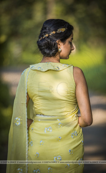 Sungold Pure Flat Silk-Chiffon Hand-Embroidered Saree