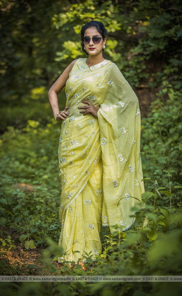 Sungold Pure Flat Silk-Chiffon Hand-Embroidered Saree