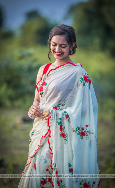 Rosa Pure Flat Silk-Chiffon Hand Embroidered and Printed Saree