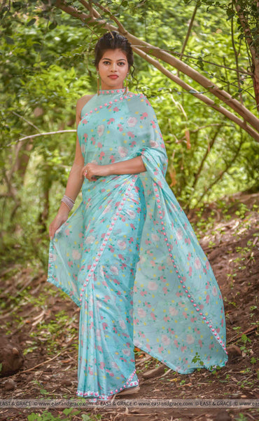 Mermaid's Dream Pure Silk-Chiffon Printed Saree with Raw-Silk Ribbon Embroidered Blouse