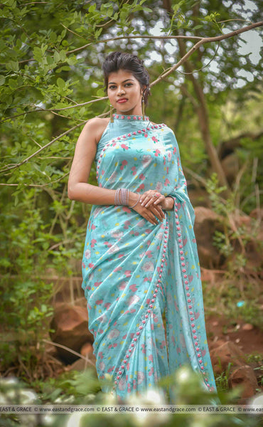 Mermaid's Dream Pure Silk-Chiffon Printed Saree with Raw-Silk Ribbon Embroidered Blouse