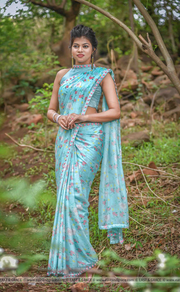 Mermaid's Dream Pure Silk-Chiffon Printed Saree with Raw-Silk Ribbon Embroidered Blouse