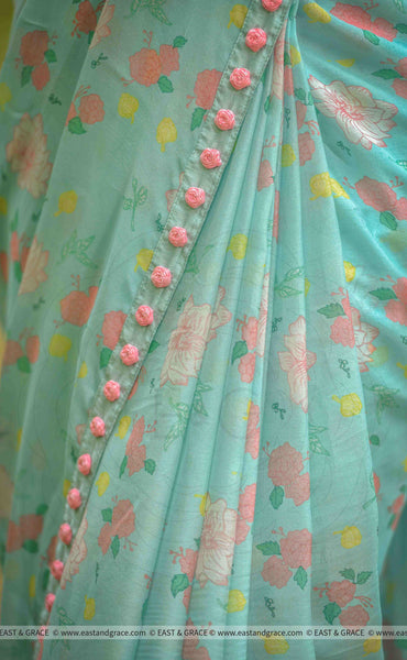 Mermaid's Dream Pure Silk-Chiffon Printed Saree with Raw-Silk Ribbon Embroidered Blouse