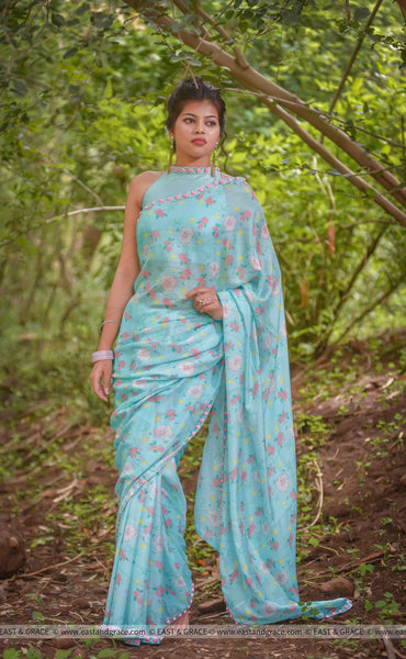 Mermaid's Dream Pure Silk-Chiffon Printed Saree with Raw-Silk Ribbon Embroidered Blouse