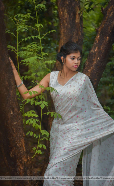 Rouge Burst Pure Silk-Chiffon Printed Saree