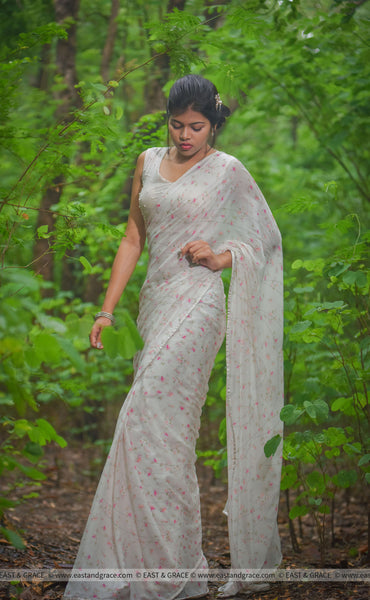 Rouge Burst Pure Silk-Chiffon Printed Saree