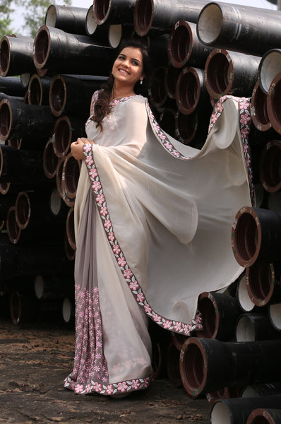 Gray Pure Silk-Georgette and Pure Silk-Chiffon Saree with Frangipani Floral Embroidery