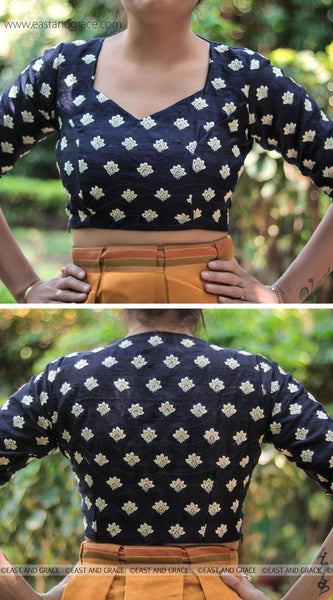 Navy Blue White Block Style Embroidered Raw-Silk Blouse