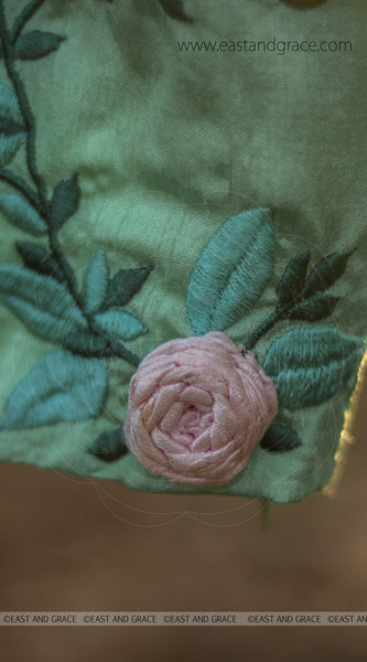 Green with Pink Rose Raw-Silk Embroidered Blouse
