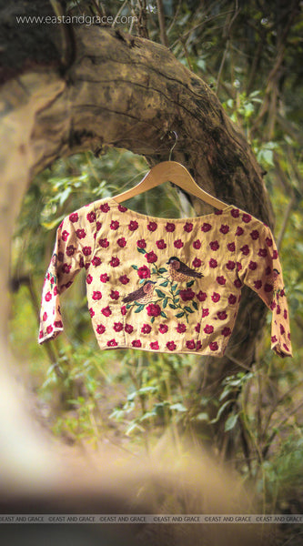 Morning Sunshine Red Rose Raw Silk Hand Embroidered Blouse
