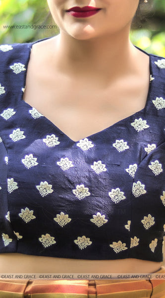 Navy Blue White Block Style Embroidered Raw-Silk Blouse