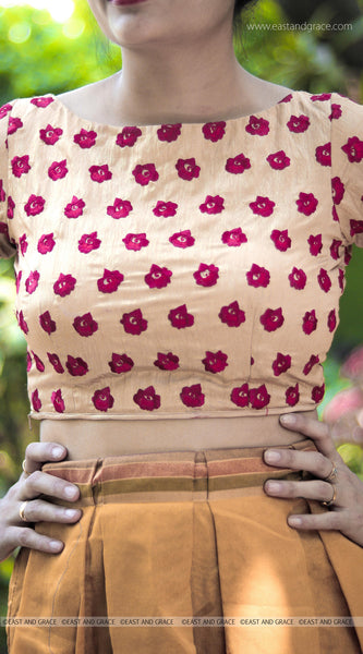 Morning Sunshine Red Rose Raw Silk Hand Embroidered Blouse