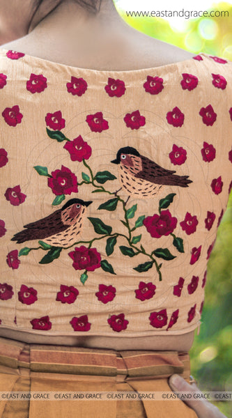 Morning Sunshine Red Rose Raw Silk Hand Embroidered Blouse