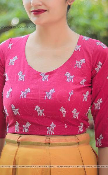 Fuchsia Pink Deer Embroidered Raw-Silk Blouse