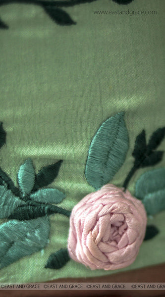 Green with Pink Rose Raw-Silk Embroidered Blouse