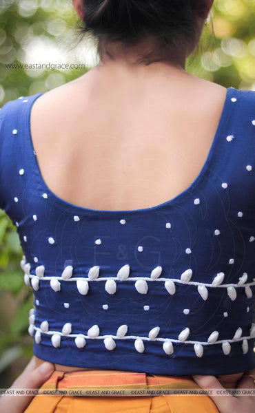 Navy Blue Pure Flat Chiffon Ribbon Embroidered Blouse