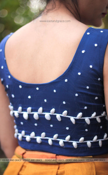 Navy Blue Pure Flat Chiffon Ribbon Embroidered Blouse
