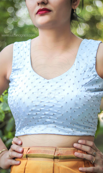 Moonlight Satin Silver Dot Embroidered Blouse