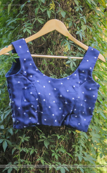 Navy Blue Pure Flat Chiffon Ribbon Embroidered Blouse
