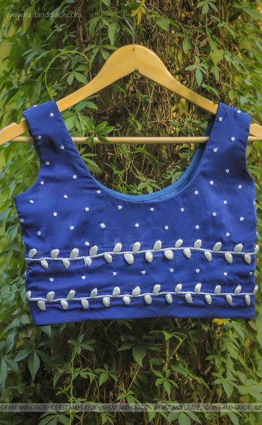 Navy Blue Pure Flat Chiffon Ribbon Embroidered Blouse