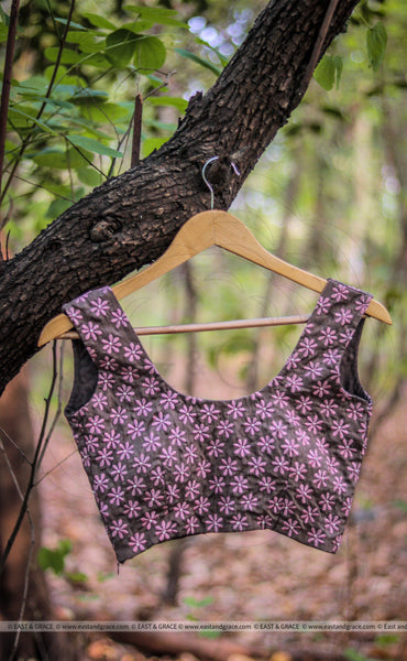 Charcoal Grey Frangipani Floral Raw Silk Blouse