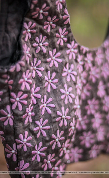 Charcoal Grey Frangipani Floral Raw Silk Blouse