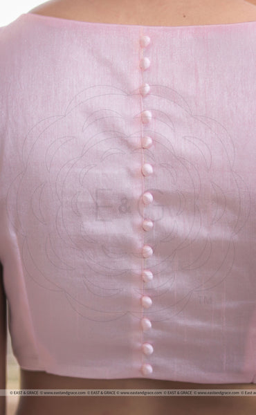 Pink Raw Silk Blouse With Hand Embroidered Baby Ribbon Roses
