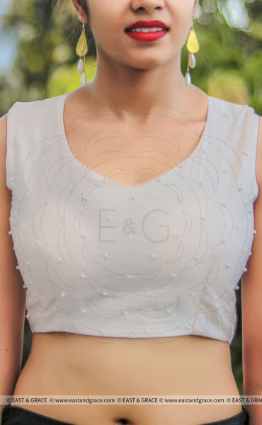 Soft Pink Raw Silk Blouse With Pearl Embroidery