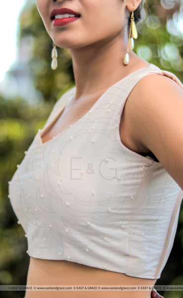 Soft Pink Raw Silk Blouse With Pearl Embroidery