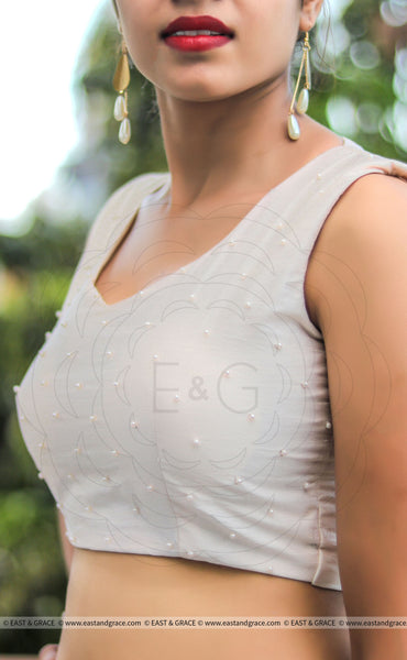 Soft Pink Raw Silk Blouse With Pearl Embroidery