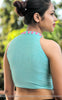Cyan Blue Raw Silk Blouse With Hand Embroidered Baby Pink Roses