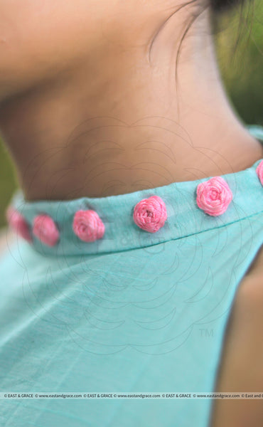 Cyan Blue Raw Silk Blouse With Hand Embroidered Baby Pink Roses