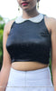 Black Satin Blouse with Pearl Encrusted Peter Pan Collar