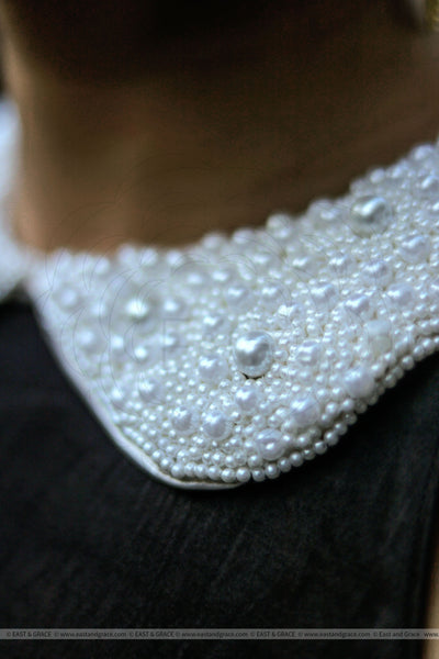 Black Satin Blouse with Pearl Encrusted Peter Pan Collar