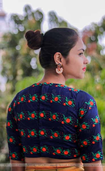 Blue Flame Raw Silk Blouse With Floral Embroidery