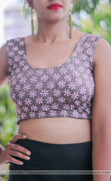 Charcoal Grey Frangipani Floral Raw Silk Blouse