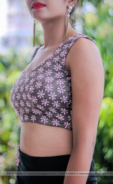 Charcoal Grey Frangipani Floral Raw Silk Blouse