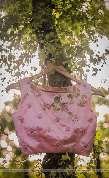 Pink Raw Silk Blouse With Hand Embroidered Baby Ribbon Roses