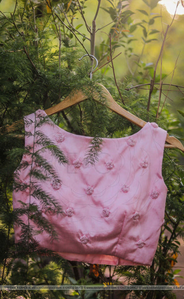 Pink Raw Silk Blouse With Hand Embroidered Baby Ribbon Roses