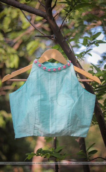 Cyan Blue Raw Silk Blouse With Hand Embroidered Baby Pink Roses