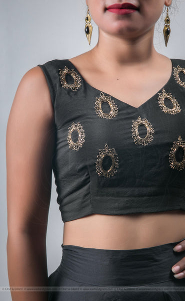 Black Silk-Crepe Blouse With Hand Embroidered Flower and Victorian Art Motif